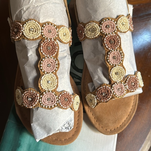 Bed Stu Beaded Sandals in Pink, Gold, Cream, and Brown - Picture 2 of 6